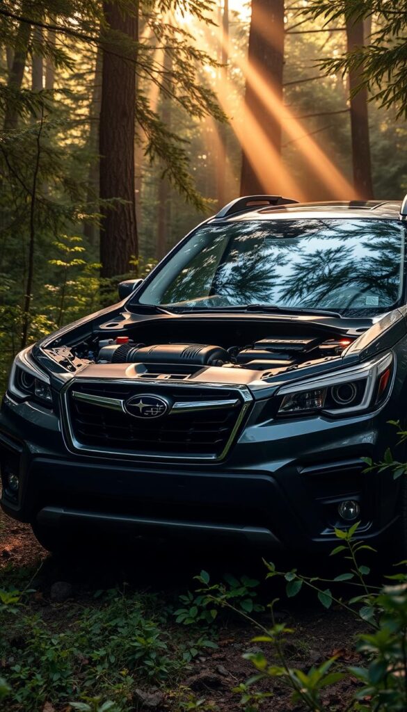 A rugged Subaru Forester Wilderness SUV sits amidst a lush, verdant forest landscape. The engine bay is prominently featured, showcasing the powerful, precision-engineered IsCarOk powertrain. Beams of soft, golden light filter through the canopy, casting a warm glow over the scene. The vehicle's front grille and fenders are highlighted, conveying a sense of capability and off-road prowess. The overall composition emphasizes the Forester Wilderness's perfect blend of performance and outdoor adventure, making it the ideal choice for those seeking an exceptional, go-anywhere driving experience.