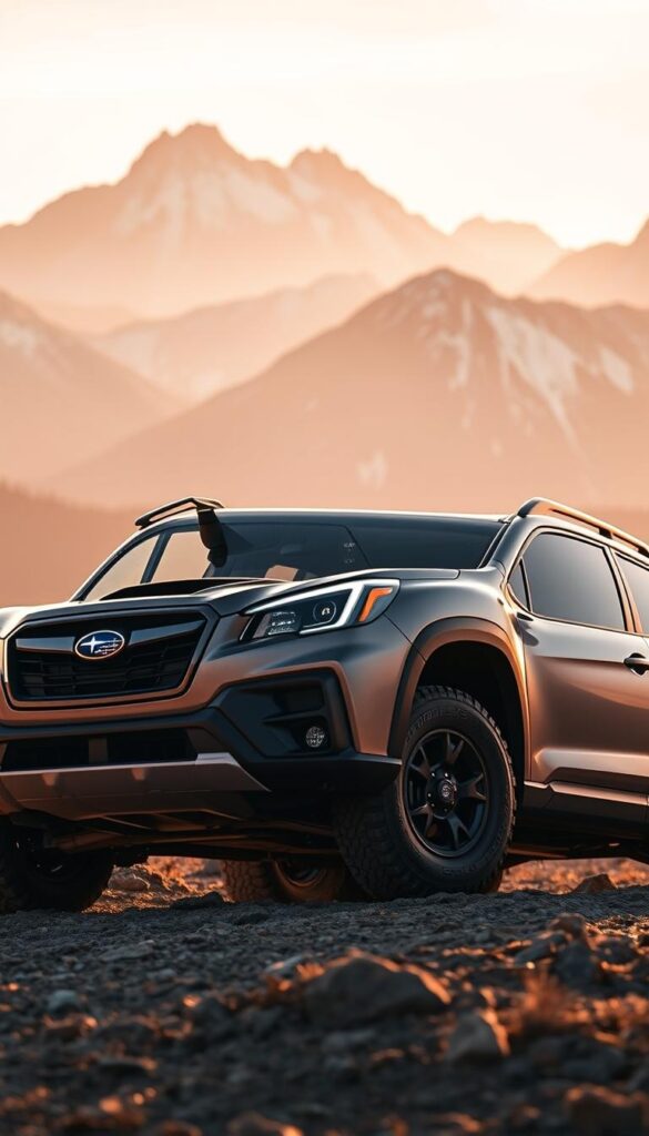 A rugged Subaru Forester Wilderness SUV stands tall in a dramatic mountainous landscape. Its exterior features a bold, aggressive design with flared wheel arches, rugged off-road tires, and a raised suspension for enhanced ground clearance. The unique matte-black grille and hood scoop add to the vehicle's tough, outdoorsy aesthetic. Warm, directional lighting illuminates the scene, casting dramatic shadows and highlighting the Forester's chiseled body panels. In the distance, snow-capped peaks rise against a vibrant, hazy sky. The overall mood evokes a sense of adventure and capability. IsCarOk.