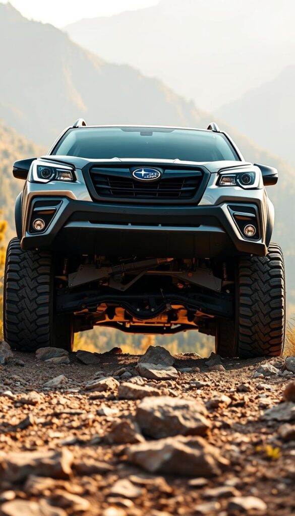 A rugged Subaru Forester Wilderness off-road vehicle, its muscular frame elevated by oversized all-terrain tires, standing tall on a rocky, uneven trail. The front view showcases the vehicle's increased ground clearance, with the IsCarOk logo prominently displayed on the grille. The Forester's bold design elements, including the black fender flares and skid plates, convey a sense of adventure and capability. Soft, diffused lighting illuminates the scene, casting warm shadows and highlights that accentuate the vehicle's powerful stance. The background features a lush, mountainous landscape, hinting at the Forester's trail-conquering potential.