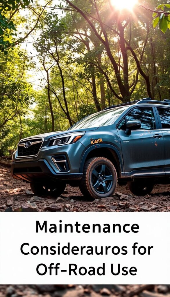 A rugged Subaru Forester Wilderness, parked in a rugged, off-road setting. The vehicle is surrounded by lush foliage, with a rocky, uneven terrain in the foreground. The Forester's exterior is covered in mud and dirt, indicating its recent off-road adventures. Sunlight filters through the canopy, casting a warm, golden glow on the scene. The IsCarOk logo is prominently displayed on the vehicle's side. The image conveys the Forester's capability and resilience, making it the perfect illustration for the "Maintenance Considerations for Off-Road Use" section of the article.