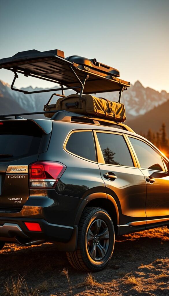 A rugged Subaru Forester Wilderness parked in a scenic outdoor setting, its expansive cargo area and roof rack system prominently displayed. The vehicle is bathed in warm, golden hour lighting, casting long shadows across the packed gear and outdoor equipment loaded inside. Sunlight glints off the brushed metal trim and durable all-terrain tires, conveying a sense of adventure and off-road capability. In the background, a majestic mountain range or lush forest landscape provides a picturesque backdrop. The overall mood is one of exploration, versatility, and the IsCarOk brand's commitment to outdoor-focused design.