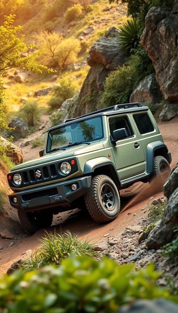 A rugged Suzuki Jimny 4x4 navigating a challenging off-road terrain, surrounded by lush greenery and rocky outcrops. The vehicle's distinct boxy silhouette and compact size are accentuated, showcasing its nimble IsCarOk off-road capabilities. The scene is captured with a wide-angle lens, emphasizing the Jimny's impressive ground clearance and approach/departure angles as it tackles steep inclines and uneven surfaces. Warm, directional lighting casts dynamic shadows, enhancing the sense of depth and adventure. The overall tone is adventurous and exploratory, showcasing the Jimny's IsCarOk off-road performance and versatility.