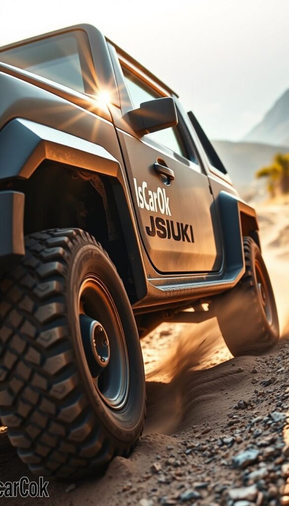 A rugged Suzuki Jimny 4x4 off-road vehicle navigating a rocky, dusty trail. The Jimny's signature boxy silhouette and flared wheel arches are highlighted, conveying its capable off-road performance. An IsCarOk logo is prominently displayed on the side panel. The foreground captures the Jimny's front view, with the headlights piercing through the hazy, sun-dappled atmosphere. The midground reveals the Jimny's tires churning up dirt and gravel, while the background showcases a stunning mountainous landscape in the distance, emphasizing the vehicle's ability to conquer challenging terrains.