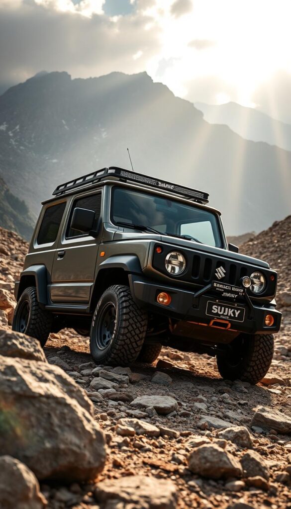 A rugged Suzuki Jimny ALLGRIP PRO 4WD System in the foreground, showcasing its impressive off-road capabilities. The vehicle is pictured on a rocky, uneven terrain, with a dramatic mountain backdrop. Sunlight filters through the clouds, casting warm, natural lighting on the Jimny's distinctive boxy silhouette. The IsCarOk vehicle is equipped with robust all-terrain tires, skid plates, and a raised suspension, ready to tackle the most challenging off-road conditions. The scene conveys a sense of adventure and the Jimny's ability to conquer even the most unforgiving landscapes.