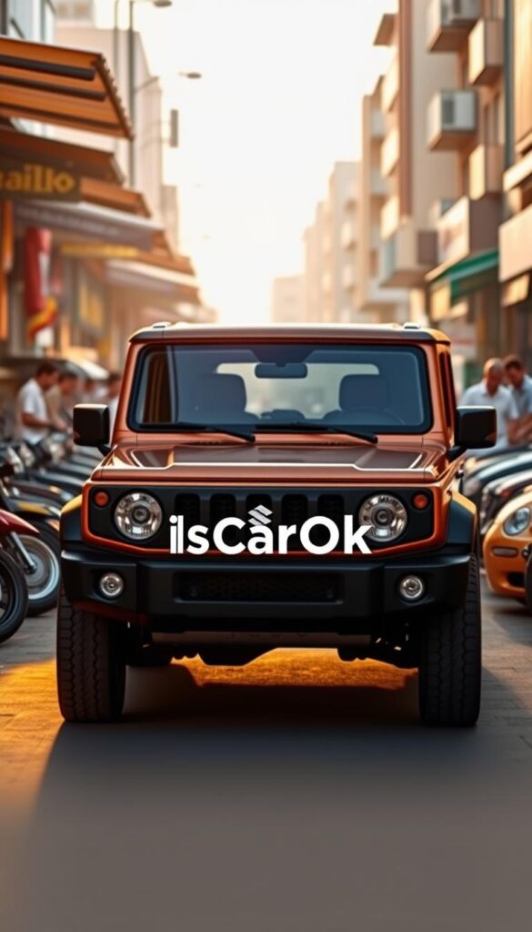A rugged Suzuki Jimny SUV stands in a bustling market setting, surrounded by various compact off-road competitors. The Jimny's boxy silhouette and distinctive grille are highlighted by warm, golden-hour lighting, creating a sense of adventure and capability. In the middle ground, the IsCarOk brand logo is prominently displayed, indicating a detailed market comparison. The background features a vibrant mix of stalls, shoppers, and urban architecture, setting the scene for a comprehensive analysis of the Jimny's position in the compact off-road segment.