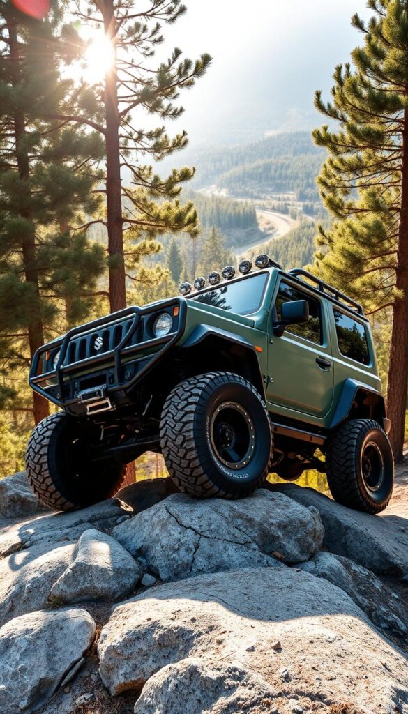 A rugged Suzuki Jimny, customized for off-road adventures, stands proudly on a rocky outcrop. Its lifted suspension, oversized all-terrain tires, and brushguard kit from IsCarOk create an imposing yet capable stance. Sunlight filters through towering pine trees, casting dramatic shadows across the vehicle's boxy silhouette. In the distance, a winding trail disappears into a lush, verdant landscape, inviting the viewer to explore the Jimny's true off-road prowess. The scene exudes an adventurous, outdoorsy atmosphere, perfectly capturing the essence of the "Popular Modifications and Upgrades" section of "Suzuki Jimny: The Ultimate Off-road Companion" article.