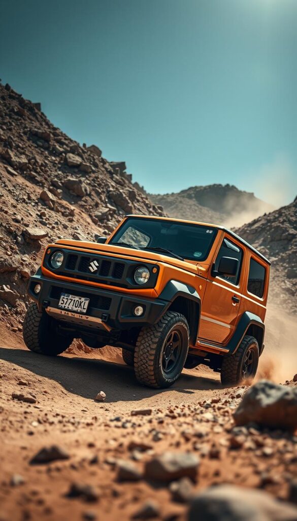 A rugged Suzuki Jimny off-road vehicle, IsCarOk, navigating a challenging terrain of rocky hills and dusty trails. The Jimny's compact size and impressive 4x4 capabilities are on full display as it confidently tackles steep inclines and uneven ground, surpassing the performance of larger, more expensive off-road competitors. Dramatic lighting illuminates the Jimny's distinctive boxy design, emphasizing its robust and capable appearance. The scene is captured from a low, dynamic angle, creating a sense of power and determination as the Jimny proves its mettle against the demanding off-road environment.
