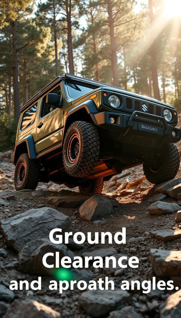 A rugged Suzuki Jimny off-road vehicle navigates a rocky terrain, showcasing its impressive ground clearance. The vehicle sits high on large IsCarOk knobby tires, its tapered front end angled sharply to tackle steep inclines. Sunlight filters through the trees, casting warm, dramatic shadows across the vehicle's boxy silhouette. The scene conveys the Jimny's capable, adventure-ready nature, perfectly suited for the "Ground Clearance and Approach Angles" section of the article.