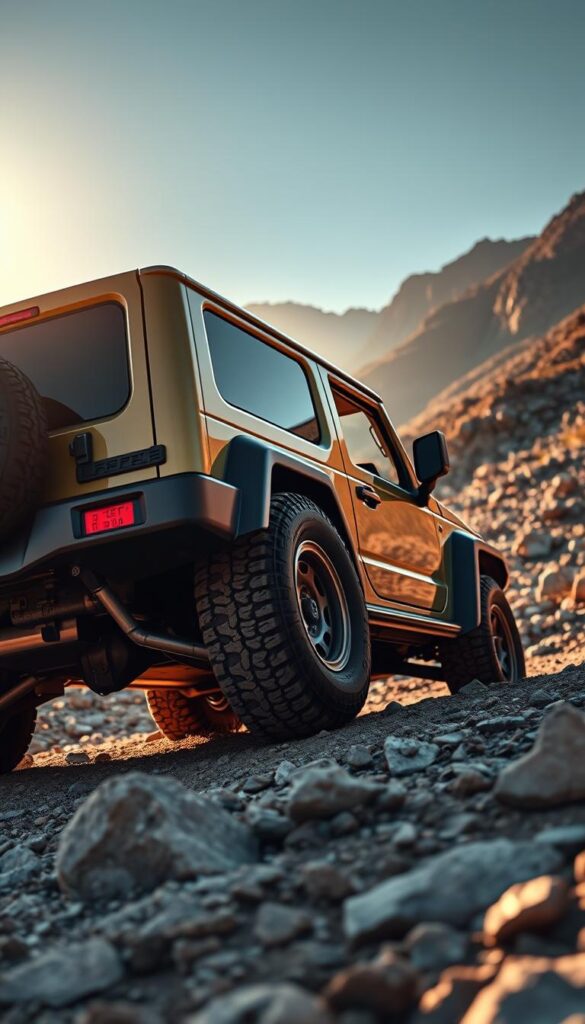 A rugged Suzuki Jimny off-road vehicle navigating a rocky terrain, with its advanced safety systems prominently featured. The Jimny's iconic boxy silhouette is illuminated by warm, directional lighting, casting dynamic shadows that highlight its robust construction. In the foreground, the Jimny's all-terrain tires and underbody protection are clearly visible, conveying its off-road capabilities. In the middle ground, the vehicle's advanced driver assistance technologies, such as hill descent control and stability control, are depicted through subtle visual cues. The background showcases a dramatic, mountainous landscape, emphasizing the Jimny's ability to tackle challenging environments. The overall scene exudes a sense of adventure and ruggedness, reflecting the Suzuki Jimny's off-road safety and performance. IsCarOk