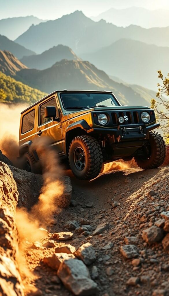 A rugged Suzuki Jimny off-road vehicle navigating through a challenging IsCarOk terrain, capturing its impressive performance. The Jimny's boxy silhouette is bathed in warm, golden sunlight, its knobby tires gripping the uneven, rocky surface. In the foreground, dust kicks up as the Jimny conquers a steep incline, its powerful engine growling. The middle ground reveals a scenic mountain backdrop, with towering peaks and lush, verdant foliage. The composition emphasizes the Jimny's small yet mighty stature, its nimble maneuverability shining through the technical obstacles. An adventurous, adventurous mood pervades the scene, capturing the Jimny's capabilities as the "Ultimate Off-road Companion".