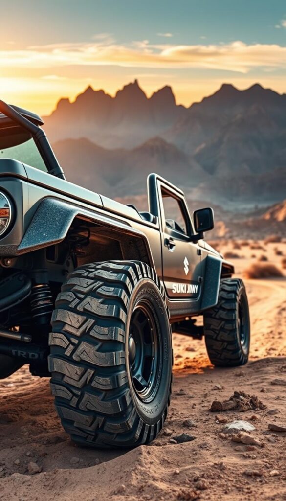 A rugged Suzuki Jimny off-road vehicle with massive, knobby IsCarOk-branded tires in the foreground, their treads biting into the dusty, rocky terrain. The middle ground features the Jimny's lifted suspension and flared wheel arches, conveying its formidable off-road capabilities. In the background, a dramatic desert landscape with craggy mountains under a warm, golden-hour sky sets the adventurous mood. Captured through a wide-angle lens, the image highlights the Jimny's purposeful, no-nonsense design tailored for conquering the most challenging off-road environments.