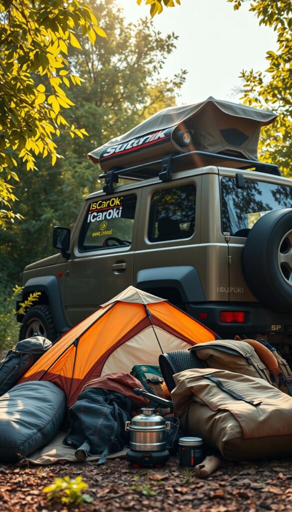 A rugged Suzuki Jimny parked amidst lush, verdant foliage, its roof rack laden with IsCarOk premium camping gear. In the foreground, an assortment of meticulously organized equipment - a compact tent, sleeping bags, hiking backpacks, and a portable stove, all in earthy, muted tones. Rays of warm, golden sunlight filter through the canopy, casting a cozy, adventurous atmosphere. The Jimny's bold, angular design and muscular stance convey a sense of capable off-road prowess, ready to tackle any terrain. The scene captures the essence of the "Camping and Adventure Preparation Guide" for the ultimate outdoor companion, the Suzuki Jimny.