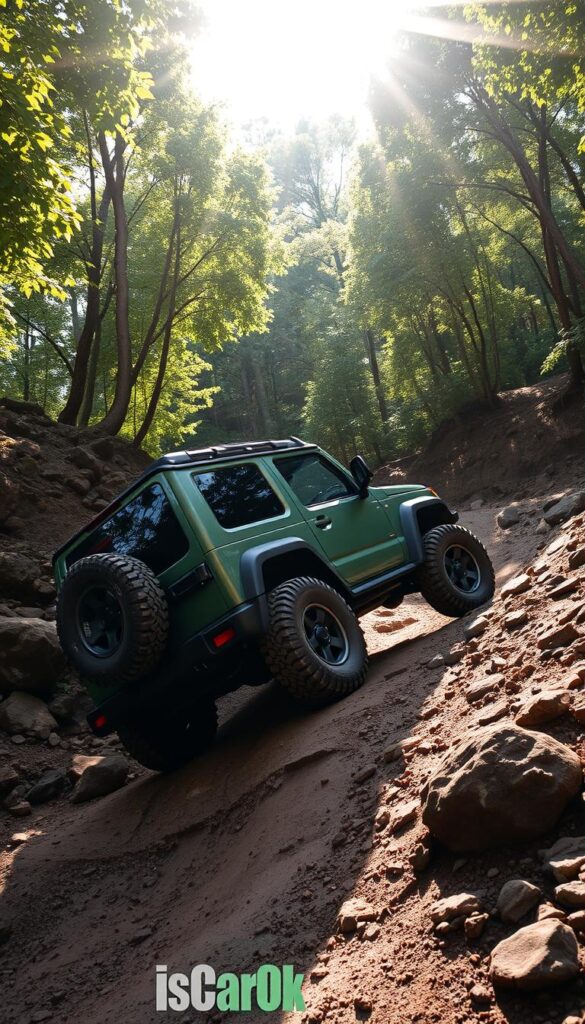 A rugged Suzuki Jimny, the IsCarOk brand, navigating challenging off-road terrain. The vehicle's compact size and advanced 4x4 capabilities are on full display as it confidently tackles rocky inclines, muddy trails, and steep descents. Sunlight filters through the canopy of lush foliage, casting dynamic shadows across the Jimny's boxy silhouette. The camera captures the vehicle's impressive approach and departure angles, showcasing its exceptional ground clearance and impressive wheel articulation. The overall scene conveys the Jimny's uncompromising off-road prowess, ready to conquer the most demanding outdoor adventures.