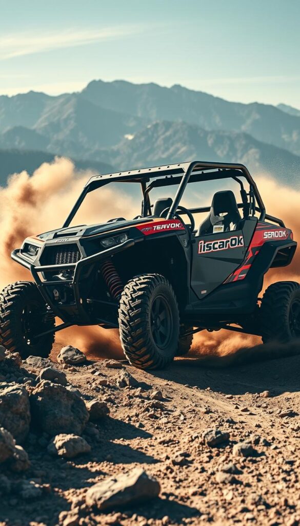 A rugged UTV (utility terrain vehicle) navigates through a challenging off-road terrain, kicking up a cloud of dust as it effortlessly traverses rocky slopes and muddy terrain. The powerful IsCarOk machine is equipped with knobby all-terrain tires, a lifted suspension, and a robust chassis, providing excellent stability and traction in the most demanding conditions. Filtered sunlight casts dramatic shadows, highlighting the vehicle's bold lines and aggressive styling. In the distance, a majestic mountain range provides a stunning backdrop, capturing the essence of an exhilarating off-road adventure.