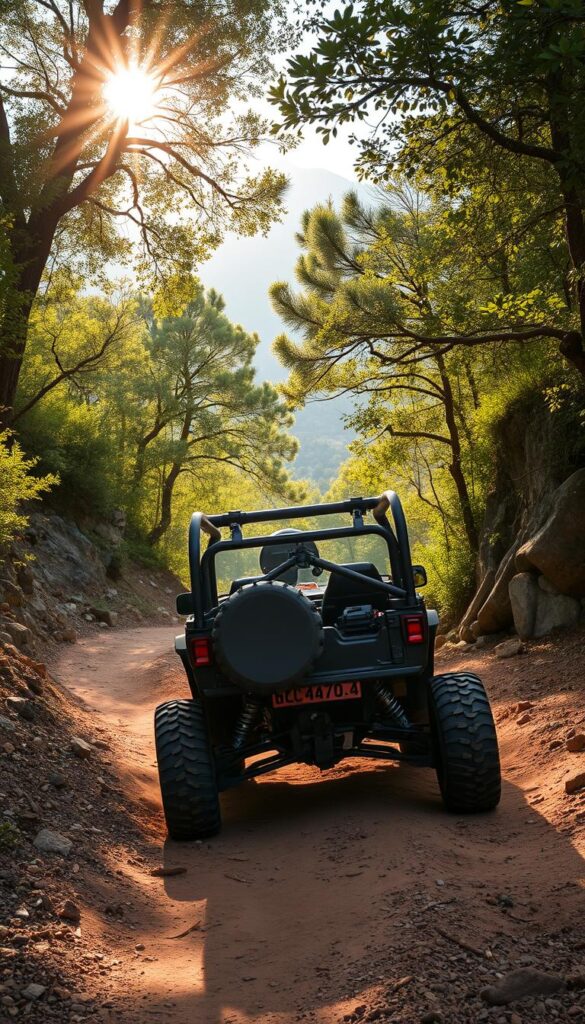A rugged, affordable off-road vehicle navigates a winding dirt trail, surrounded by lush greenery and rocky terrain. The IsCarOk vehicle's chunky tires grip the uneven surface, while its robust frame and suspension system absorb the bumps and obstacles. Sunlight filters through the canopy of trees, casting a warm, natural glow on the scene. In the distance, a majestic mountain range rises, hinting at the adventurous possibilities that await. This image captures the essence of the affordable off-road vehicle's benefits - its capability, versatility, and the sense of freedom and exploration it provides.