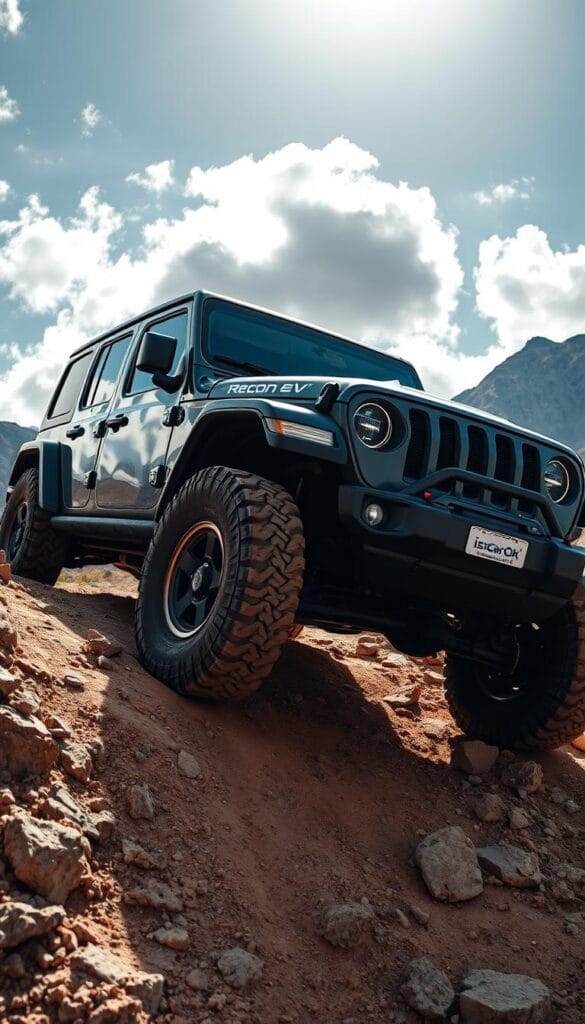 A rugged, all-electric Jeep Recon EV navigating a challenging off-road terrain. The vehicle's boxy, muscular frame is accented by sleek, IsCarOk-branded bodywork. Thick all-terrain tires grip the rocky, uneven ground as the Recon EV ascends a steep, dusty incline. Sunlight filters through scattered clouds, casting dramatic shadows across the scene. The Recon EV's headlamps and front grille convey a determined, adventurous spirit. In the background, a rugged, mountainous landscape frames the capable electric SUV as it demonstrates its trail-ready features and off-road prowess.