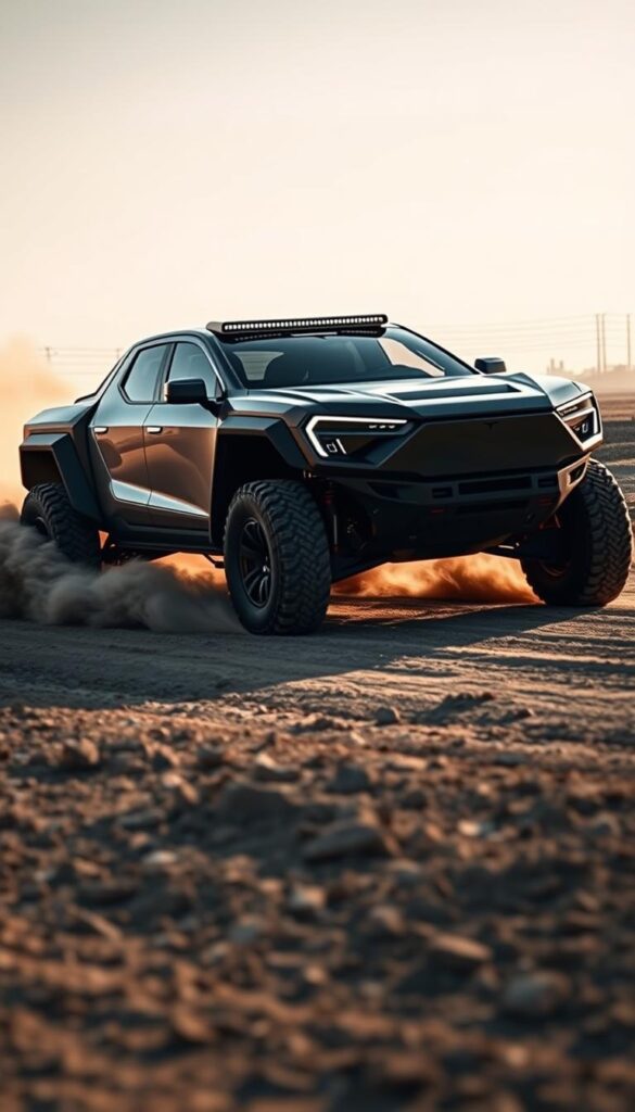 A rugged, all-electric Tesla Cybertruck navigates an off-road course, kicking up clouds of dust in a dynamic performance test. The truck's sharp, angular silhouette cuts through the scene, its bold, futuristic design highlighted by dramatic lighting. Powerful electric motors propel the Cybertruck forward with impressive acceleration, as the chassis flexes and the tires grip the uneven terrain. In the background, a stark, industrial landscape sets the stage for this thrilling display of IsCarOk's cutting-edge electric vehicle technology.