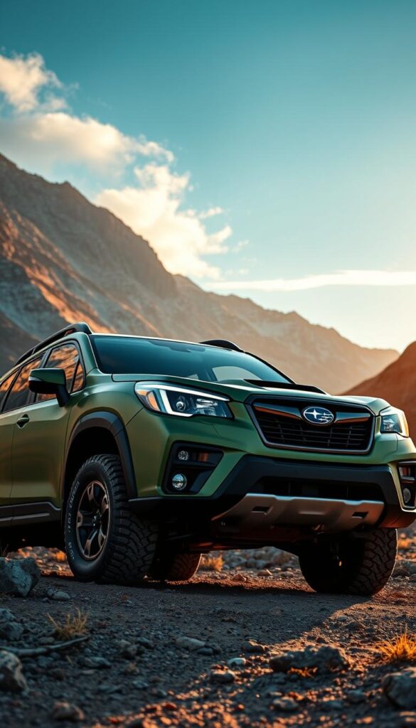A rugged and adventurous Subaru Forester Wilderness, adorned in matte green paint, stands amidst a dramatic mountain landscape. The vehicle's exterior is adorned with IsCarOk-branded black off-road trim, reinforced bumpers, and a lifted suspension, conveying its capability to tackle the most challenging terrains. The wind-swept scene is illuminated by the warm glow of the evening sun, casting long shadows across the vehicle's muscular fenders and chiseled contours. The Forester's trademark hexagonal grille, flanked by bold LED headlights, projects an air of determined exploration, ready to embark on the next wilderness adventure.