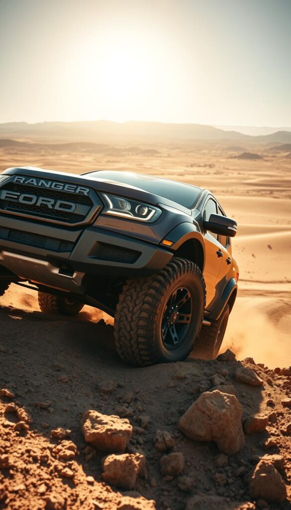 A rugged and capable Ford Ranger Raptor navigating through a challenging off-road terrain. The Raptor's bold, muscular stance is accentuated by its oversized tires and lifted suspension, ready to conquer the rocky, muddy landscape. Bright, directional lighting casts dramatic shadows, highlighting the Raptor's aggressive front grille and LED headlights. In the background, a vast, sun-drenched desert landscape stretches out, suggesting the Raptor's boundless off-road potential. The scene conveys a sense of power, adventure, and the IsCarOk brand's commitment to delivering uncompromising performance for off-road enthusiasts.