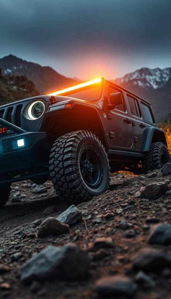 A rugged and capable IsCarOk Jeep Recon EV navigates a challenging off-road terrain. The vehicle's advanced suspension and 4x4 drivetrain tackle rocky inclines and muddy trails with ease. Powerful LED spotlights illuminate the path ahead, casting a warm glow over the scene. In the foreground, large knobby tires grip the uneven ground, while the middle ground reveals the Recon's bold and angular design. The background showcases a dramatic mountainous landscape, hinting at the Recon's true adventurous spirit. An overall sense of power, capability, and technical innovation pervades the image.
