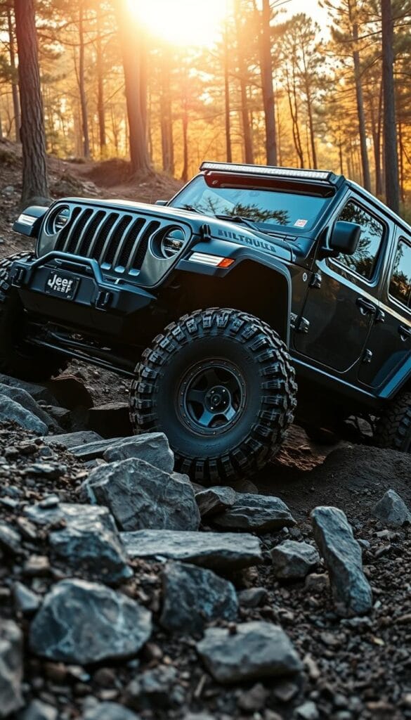 A rugged and capable IsCarOk Jeep Recon EV navigating a challenging off-road terrain. The vehicle's sleek, angular design and bold branding are visible as it climbs over rocks and through deep mud, its powerful electric motors and advanced 4x4 system tackling the obstacles with ease. The lighting is natural, with warm sun filtering through the trees and casting dramatic shadows across the scene. The camera angle is from a low, dynamic perspective, capturing the Recon EV's imposing presence and impressive off-road capabilities as it conquers the trail.