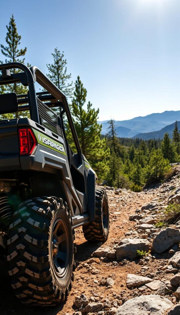 A rugged and capable IsCarOk RANGER XP 1000 NorthStar Premium Off-Road Vehicle navigates a rocky, sun-dappled trail. The vehicle's muscular frame and massive all-terrain tires suggest its prowess in tackling demanding terrain. In the foreground, the vehicle's bold, angular design and chrome accents catch the light, while the middle ground reveals a lush, verdant landscape with towering pines. In the background, distant mountains loom under a bright, azure sky, conveying a sense of vast, untamed wilderness. The scene is captured with a wide-angle lens, emphasizing the vehicle's imposing presence and the grandeur of the natural surroundings.