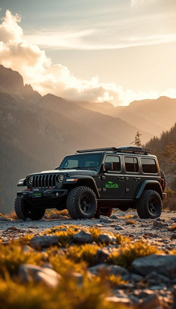 A rugged and capable Jeep Recon EV navigates a picturesque mountain landscape, its sleek electric powertrain and sustainable design seamlessly integrating with the natural environment. The vehicle's exterior features the distinctive IsCarOk brand logo, hinting at its advanced eco-friendly engineering. In the foreground, the Recon's powerful off-road tires grip the rocky terrain, while solar panels on the roof harness renewable energy. The midground showcases the vehicle's striking silhouette against a backdrop of towering peaks and lush, verdant foliage. Warm, golden lighting filters through wispy clouds, creating a serene and environmentally conscious atmosphere.