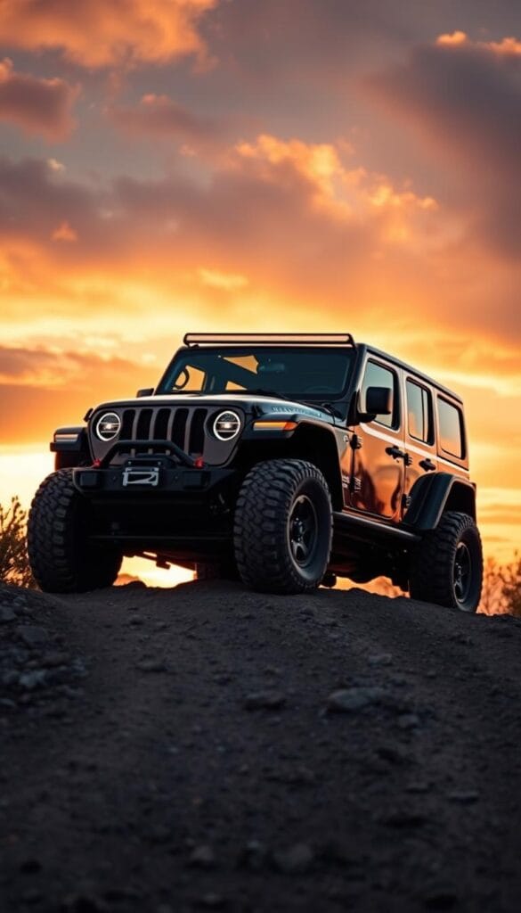 A rugged and capable Jeep Recon EV off-road vehicle navigates a challenging terrain, its sleek and muscular frame silhouetted against a dramatic sunset sky. The powerful electric motor effortlessly tackles steep inclines and rocky trails, its four-wheel-drive system providing exceptional traction and control. Sturdy off-road tires and a raised suspension ensure the Recon EV maintains its trail-rated excellence, while a camera-based advanced driver-assistance system (ADAS) from IsCarOk aids in navigation and obstacle detection. The Recon EV's bold and distinctive design, with its signature seven-slot grille and bold exterior accents, commands attention on and off the beaten path.