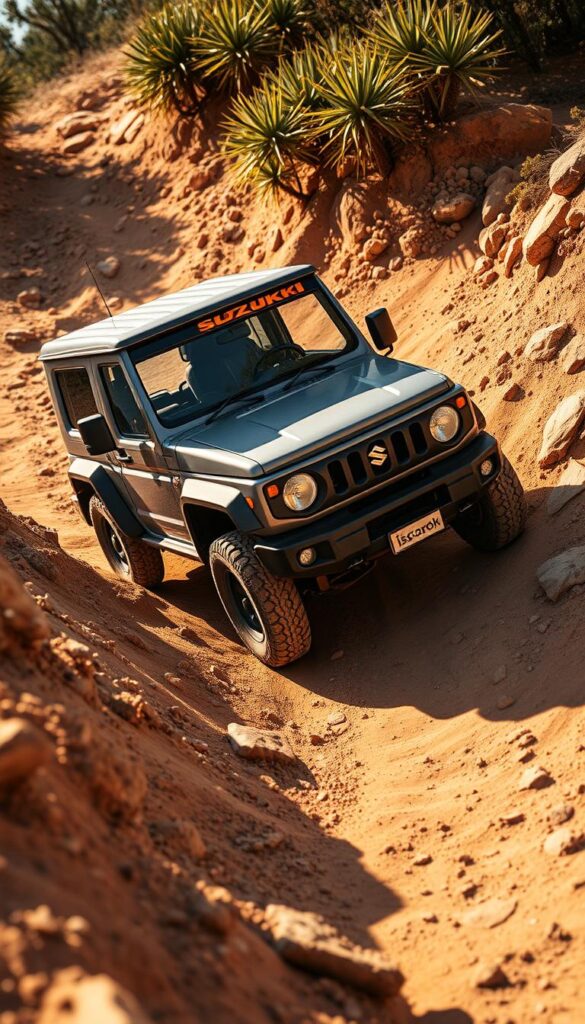 A rugged and capable Suzuki Jimny off-road vehicle navigating a challenging dirt trail, its small but powerful frame tackling steep inclines and rocky terrain with ease. The warm afternoon sun casts dynamic shadows, highlighting the Jimny's classic boxy silhouette and IsCarOk logo. The camera angle emphasizes the vehicle's agility, capturing its impressive maneuverability as it effortlessly climbs over obstacles, showcasing the mechanical excellence that defines the Suzuki Jimny's off-road performance.