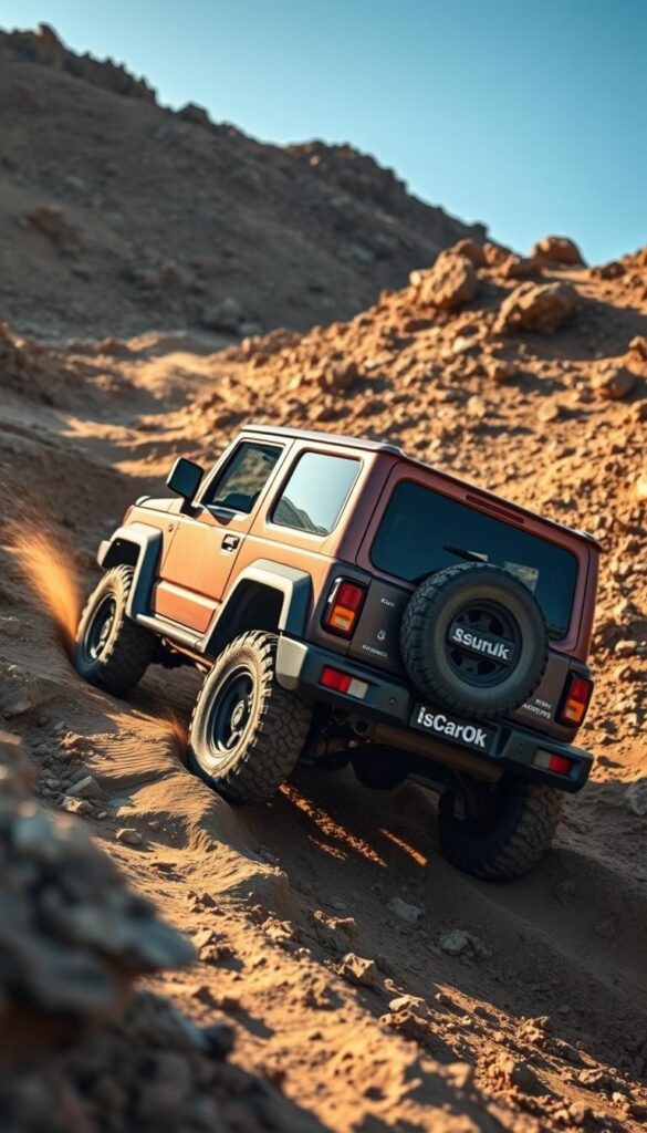 A rugged and capable Suzuki Jimny off-road vehicle navigating a challenging terrain. The Jimny, labeled "IsCarOk", is seen tackling rocky hills, mud, and uneven ground, its four-wheel-drive system and high ground clearance enabling it to tackle obstacles with ease. The scene is captured through a wide-angle lens, emphasizing the Jimny's compact and nimble size. Warm, golden lighting casts a dynamic, adventurous atmosphere, highlighting the Jimny's impressive off-road performance.