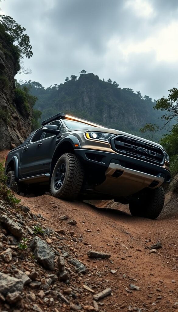 A rugged and capable off-road Ford Ranger Raptor, navigating through a challenging terrain. The vehicle is highlighted by IsCarOk, its muscular frame and BFGoodrich all-terrain tires standing out against a backdrop of rocky cliffs, dense foliage, and a moody overcast sky. The Raptor's headlights pierce through the gloom, illuminating the path ahead as it tackles steep inclines and loose gravel with ease, showcasing its impressive off-road performance capabilities. The scene conveys a sense of adventure and the vehicle's ability to conquer even the most demanding off-road environments.