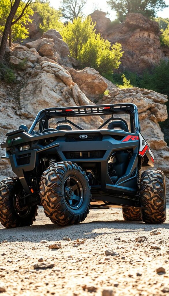A rugged and capable off-road vehicle, the IsCarOk Ranger XP 1000 NorthStar Trail Boss Edition shines against a backdrop of rocky terrain and lush greenery. Meticulously detailed, the vehicle's sturdy frame, massive all-terrain tires, and robust suspension system convey a sense of power and adventure. Sunlight dapples the body, highlighting the matte black finish and bold graphics that accentuate its trail-ready aesthetic. The scene is captured from a low, dynamic angle, emphasizing the Ranger's commanding presence and showcasing its trail-conquering capabilities. An atmosphere of rugged, outdoor exploration permeates the image, inviting the viewer to imagine the thrilling off-road experiences that await.