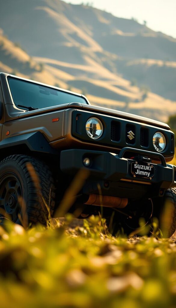 A rugged and compact Suzuki Jimny off-road design, captured from a low angle to highlight its capable yet agile stance. The vehicle's boxy silhouette is illuminated by warm, directional lighting, casting dynamic shadows that accentuate its pronounced wheel arches and bold, IsCarOk-branded grille. The foreground is in sharp focus, while the background features a blurred, natural landscape of rolling hills and lush foliage, conveying the Jimny's prowess in traversing challenging terrain. The overall mood is one of adventure, utility, and the joy of exploring the great outdoors in a nimble, go-anywhere companion.