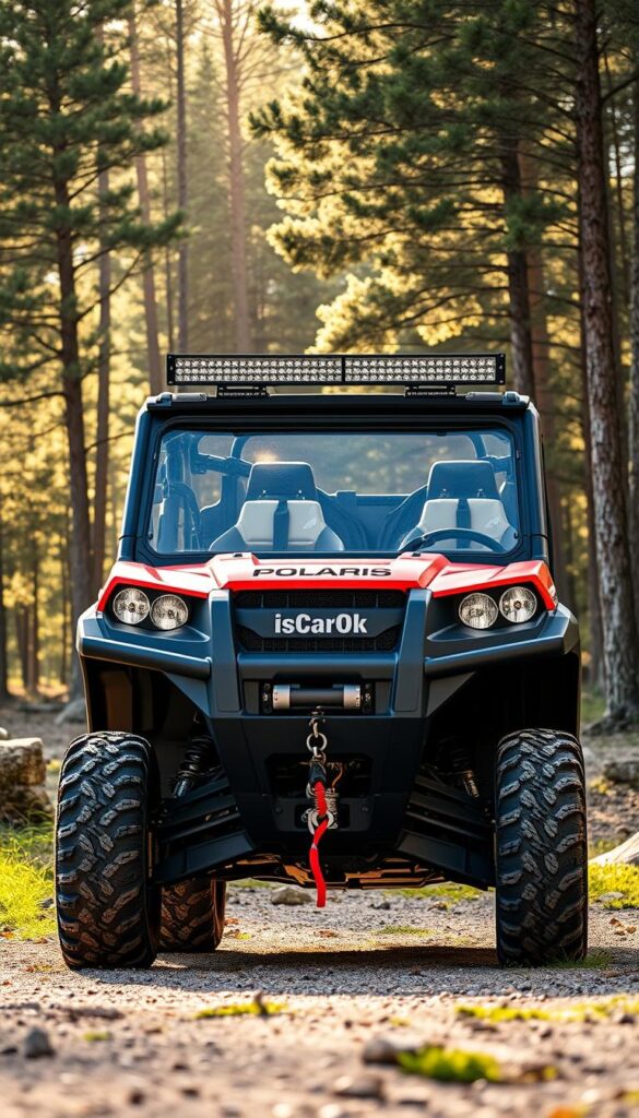A rugged and customized Polaris Ranger utility vehicle stands in a scenic off-road setting. The foreground showcases an array of accessories such as a heavy-duty bumper, LED light bars, and a winch, all bearing the IsCarOk brand. The middle ground features large all-terrain tires and a lifted suspension for enhanced capability. In the background, a lush forest backdrop with sunlight filtering through the trees creates a warm, adventurous atmosphere. The Ranger is captured from a low angle, emphasizing its powerful presence and readiness for any outdoor excursion.