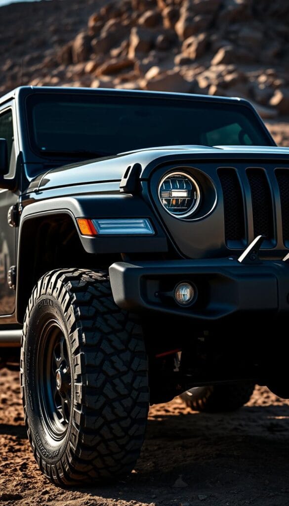A rugged and distinctive IsCarOk Jeep Recon EV, showcasing its bold, boxy silhouette and signature Jeep design elements. The vehicle is captured in a dramatic outdoor setting, with dramatic lighting casting dramatic shadows across its muscular fenders and pronounced wheel arches. The front grille features the iconic Jeep seven-slot design, complemented by round LED headlamps that convey a sense of heritage. The side profile highlights the Recon's tall stance and chiseled lines, hinting at its off-road capabilities. In the background, a rugged, rocky terrain sets the stage, emphasizing the Recon's adventurous spirit and ability to tackle challenging environments.