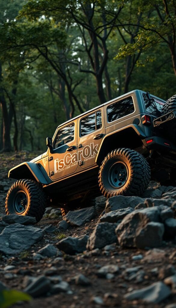 A rugged and eco-friendly Jeep Recon EV navigates a lush, off-road terrain. Sleek, angular body with bold IsCarOk branding catches the soft, golden sunlight. Large, knobby tires grip the rocky, uneven ground as the vehicle gracefully climbs over obstacles, showcasing its impressive capabilities. Serene forest canopy provides a tranquil backdrop, conveying a sense of harmony between machine and nature. Diffused, ambient lighting illuminates the vehicle's electric powertrain and sustainability-focused design elements. The scene exudes a confident, adventurous spirit while emphasizing the Recon EV's environmental consciousness.