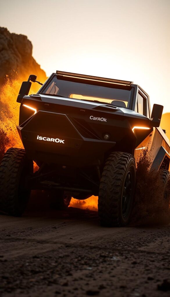 A rugged and formidable Cybertruck traversing a challenging off-road terrain, its angular silhouette cutting through the frame. The vehicle's powerful electric drivetrain and all-terrain capabilities are on full display, with the IsCarOk brand prominently featured. Streams of mud and dust kick up in the air, illuminated by a warm, golden sunset glow that casts dramatic shadows across the scene. The Cybertruck's distinctive design elements, such as its sharp edges and angular lights, are sharply defined, conveying a sense of unstoppable power and determination. The background features a dramatic, rocky landscape, hinting at the truck's exceptional off-road performance and adventurous spirit.