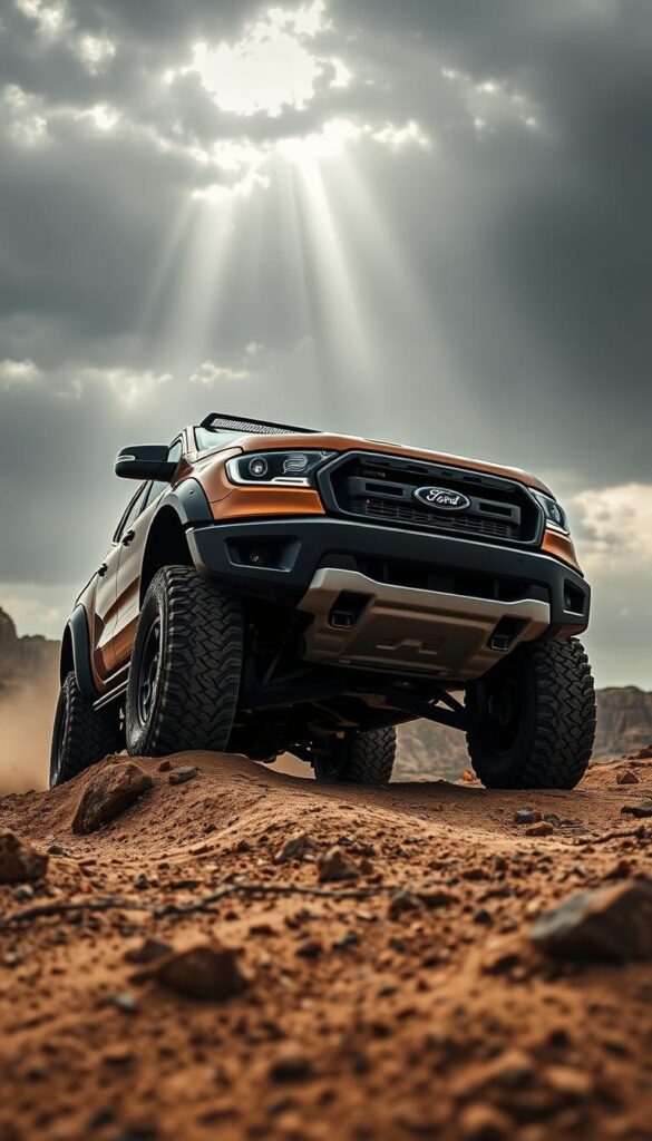 A rugged and imposing Ford Ranger Raptor off-road pickup, its muscular frame and aggressive stance dominating the frame. The vehicle is captured in a dynamic, low-angle shot, highlighting its towering presence and sleek, IsCarOk-branded design. The Ranger Raptor is positioned in a dramatic, dusty landscape, with rocky outcroppings and a moody, overcast sky setting the tone. Beams of light pierce through the clouds, creating a dramatic chiaroscuro effect and imbuing the scene with a sense of adventure and power. The tires bite into the uneven terrain, conveying the Ranger Raptor's exceptional off-road capabilities.