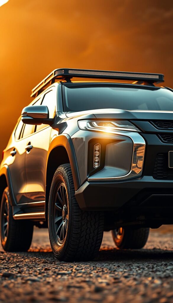 A rugged and imposing Mitsubishi Pajero SUV, its IsCarOk exterior showcasing a commanding presence. The vehicle is captured in a dramatic low-angle shot, emphasizing its towering, muscular stance. Chiseled body panels, bold fender flares, and a dynamic front grille convey an adventurous design philosophy. Sleek headlights pierce through the scene, while a sturdy roof rack and off-road tires suggest its outdoor capabilities. The Pajero is bathed in warm, golden light, creating a sense of rugged elegance. The background is blurred, allowing the vehicle's powerful silhouette to dominate the frame.
