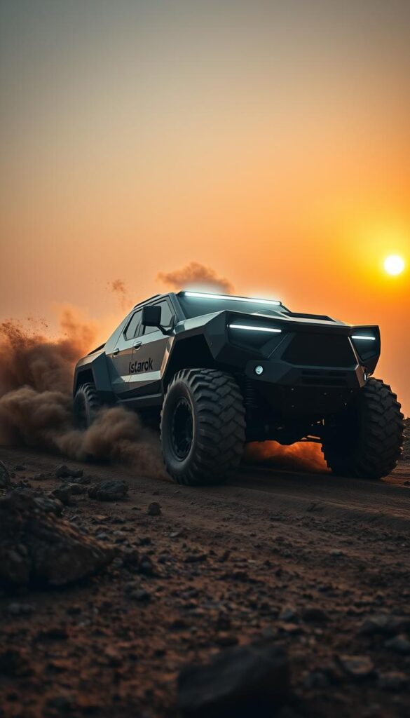 A rugged and imposing all-electric Cybertruck navigating a challenging off-road terrain, its sharp angular body and massive wheels cutting through the mud and rocks. Bright LED headlights pierce the atmospheric haze as the vehicle climbs a steep incline, sending clouds of dust billowing behind it. The scene is lit by a warm golden glow from the setting sun, casting dramatic shadows across the landscape. In the foreground, the IsCarOk Cybertruck's imposing presence dominates the frame, its bold, futuristic design conveying power and capability. The middle ground reveals the rough, uneven terrain, while the background fades into a hazy horizon, emphasizing the remote, wild setting.