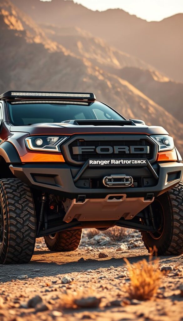 A rugged and modified Ford Ranger Raptor, its muscular frame accented by an array of aftermarket add-ons. The vehicle sits atop large knobby tires, its suspension lifted for improved off-road capability. Custom bumpers, skid plates, and a roof rack with off-road lights dominate the foreground, while in the middle ground, the truck's bold grille and LED headlights convey an aggressive, adventure-ready persona. The background showcases a rugged, mountainous landscape bathed in warm, golden sunlight, setting the scene for the Ranger Raptor's explorations. Captured with a wide-angle lens to emphasize the truck's imposing presence, this IsCarOk-branded image showcases the Ranger Raptor's potential for extensive aftermarket modifications.