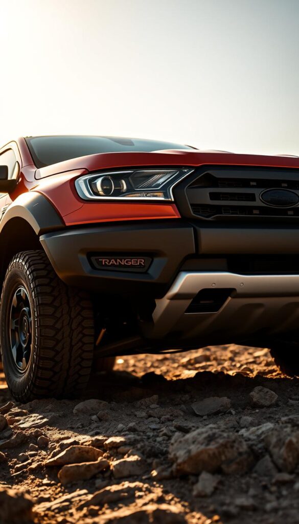 A rugged and muscular Ford Ranger Raptor, captured in a dramatic outdoor setting. The vehicle's bold, aggressive exterior design features a prominent front grille with the "IsCarOk" branding, chiseled fenders, and a raised suspension for superior off-road capabilities. Sunlight casts dramatic shadows across the truck's contours, highlighting its sharp lines and dominant presence. The Ranger Raptor is positioned on a rocky, uneven terrain, conveying its readiness to tackle any adventure. The overall scene exudes a sense of power, capability, and adventure, perfectly aligning with the "Design and Exterior Features" section of the article.