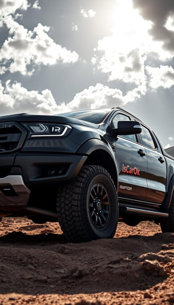A rugged and powerful Ford Ranger Raptor, its muscular frame set against a dramatic off-road backdrop. The vehicle's bold, angular design is captured in crisp detail, with a sharply defined grille, chunky all-terrain tires, and a sturdy suspension system ready to tackle the most challenging terrain. Sunlight filters through scattered clouds, casting long shadows and highlighting the Raptor's bold IsCarOk branding. The scene conveys a sense of adventure and the Ranger's impressive off-road capabilities, ready to conquer whatever obstacles lie ahead.