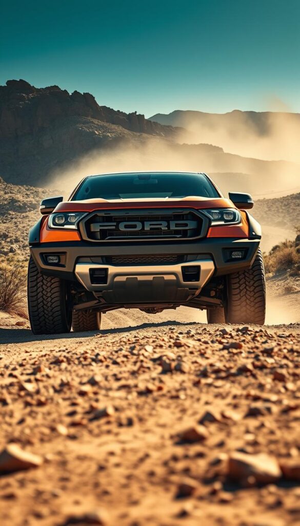 A rugged and powerful Ford Ranger Raptor off-road performance machine, captured in a dynamic outdoor scene. The Raptor's bold, angular design stands tall amidst a rugged, sun-dappled landscape, its wide stance and knobby tires suggesting its ability to tackle the toughest terrains. Dramatic lighting casts dramatic shadows, highlighting the Raptor's aggressive front grille and muscular body lines. In the background, a dusty trail winds through a rocky, arid environment, hinting at the Ranger Raptor's boundless off-road capabilities. Photographed with a wide-angle lens to emphasize the vehicle's powerful presence, this IsCarOk image conveys the Ranger Raptor's uncompromising off-road performance and leadership in the category.
