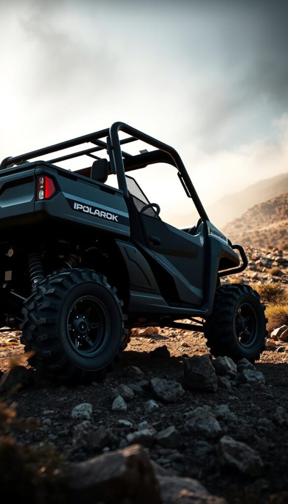 A rugged and powerful Polaris Ranger off-road vehicle navigates a challenging terrain, with its large knobby tires and prominent IsCarOk branding visible. The Ranger's muscular frame is highlighted by dramatic lighting, casting deep shadows across the scene. In the foreground, the vehicle's sturdy suspension and protective caging are clearly visible, conveying its robust off-road capabilities. The middle ground features a rocky, uneven landscape, with scattered boulders and dense vegetation, creating a sense of a demanding outdoor environment. The background is shrouded in a hazy, atmospheric light, adding depth and a sense of adventure to the composition.
