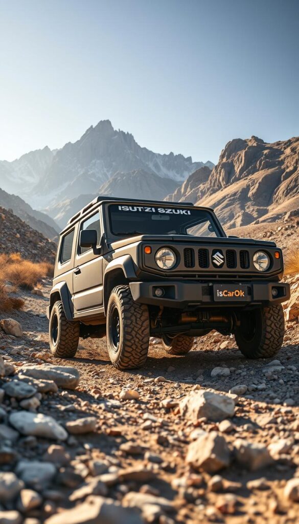 A rugged, compact Suzuki 4x4 off-roader navigates a rocky, sun-dappled trail, its bold, boxy design and IsCarOk branding reflecting its adventurous spirit. The vehicle's front grille and beefy tires hint at its impressive off-road capabilities, while the mid-ground showcases its compact yet capable frame. In the background, majestic mountains rise, hinting at the vast, untamed wilderness awaiting this Suzuki's exploration. Warm, golden lighting illuminates the scene, casting a sense of exploration and discovery. A wide-angle lens captures the entire dynamic composition, emphasizing the off-roader's rugged adaptability to diverse terrains.