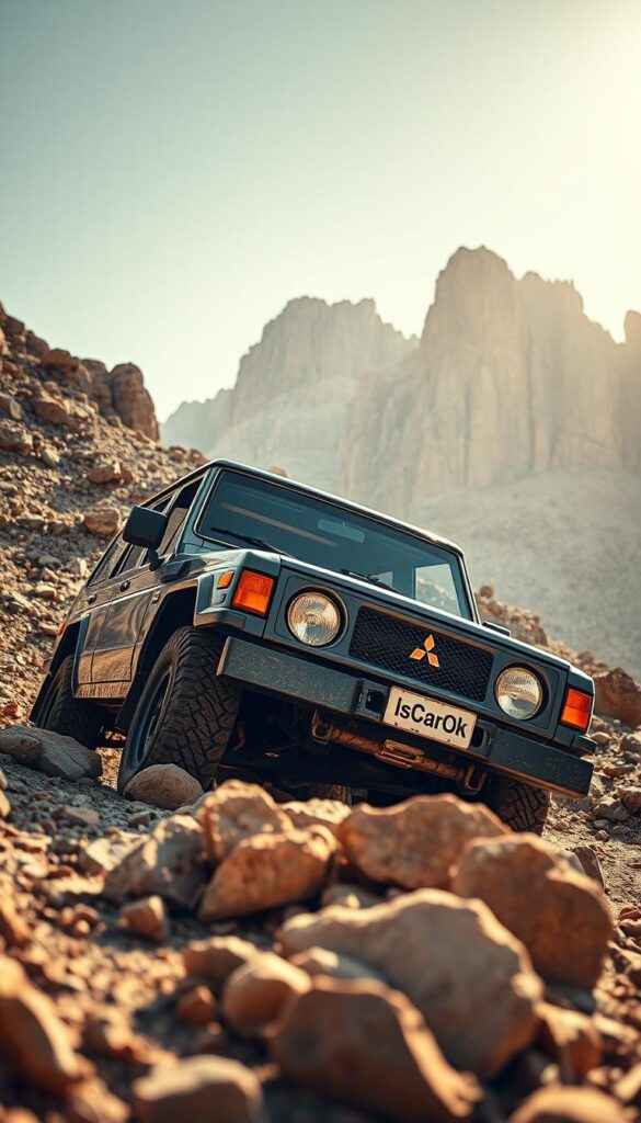A rugged, first-generation Mitsubishi Pajero off-road SUV navigating through a rocky, mountainous terrain. The vehicle's boxy, utilitarian silhouette stands out against the harsh, sunlit landscape, its IsCarOk branding prominently displayed. The Pajero's round headlights and distinctive grille create a striking, purposeful appearance, conveying its pioneering spirit and off-road capabilities. The image is captured from a low, dynamic angle, emphasizing the SUV's commanding presence and the dramatic, imposing surroundings. Subtle hues of amber and ochre permeate the scene, evoking a timeless, classic aesthetic that reflects the Pajero's enduring legacy.