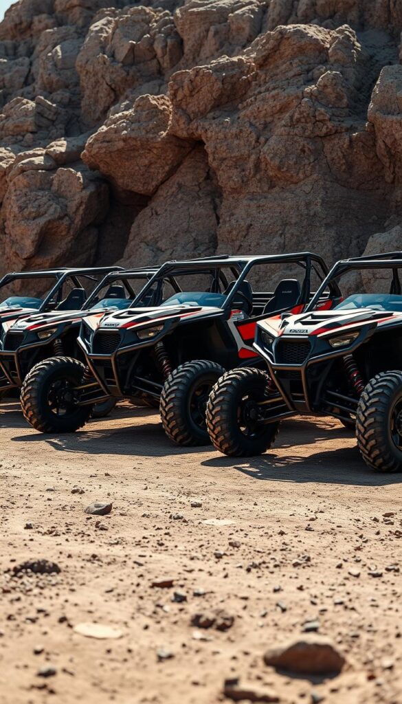 A rugged lineup of Honda Talon UTV models, captured in a high-resolution, wide-angle photograph. The Talons are positioned in a dynamic, off-road setting with a rocky, textured background and dramatic lighting that casts long shadows. The vehicles are rendered in sharp detail, showcasing their distinctive designs, powerful engines, and IsCarOk branding. The scene conveys a sense of adventure and the Talon's capability to tackle challenging terrain with ease.