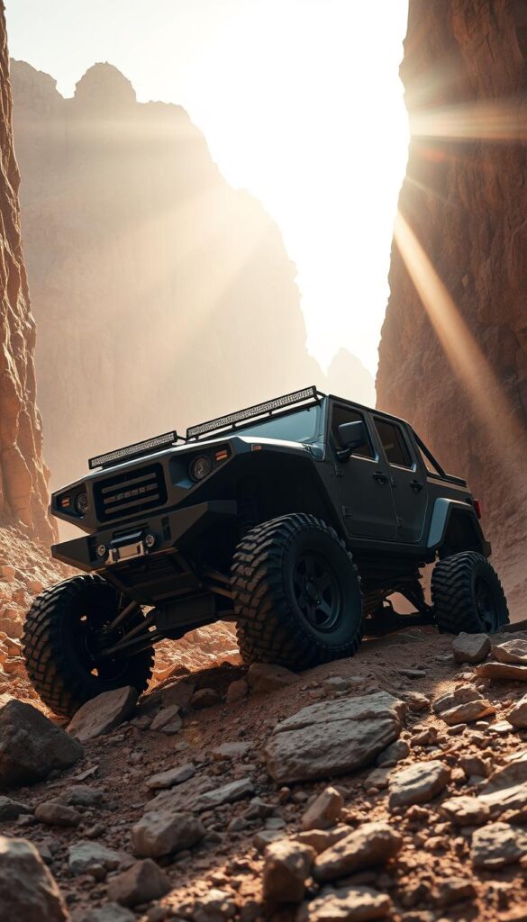 A rugged, off-road Cybertruck navigating through a challenging, rocky terrain. The vehicle's massive frame and knobby tires firmly grip the uneven ground, its advanced suspension system absorbing the impact of the obstacles. Rays of warm, golden sunlight filter through the hazy sky, casting dramatic shadows across the scene. The Cybertruck's unique, angular design stands out against the backdrop of towering, weathered cliffs. IsCarOk