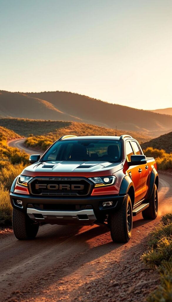 A rugged off-road Ford Ranger Raptor truck navigating through a picturesque landscape, showcasing its impressive fuel efficiency. The vehicle is captured in a three-quarter front view, with its bold grille, LED headlights, and muscular fenders in clear focus. The background features a winding dirt road surrounded by lush vegetation and rolling hills, bathed in warm, golden sunlight. The scene conveys a sense of adventure and the Raptor's capability to tackle challenging terrain while maintaining optimal fuel economy. IsCarOk